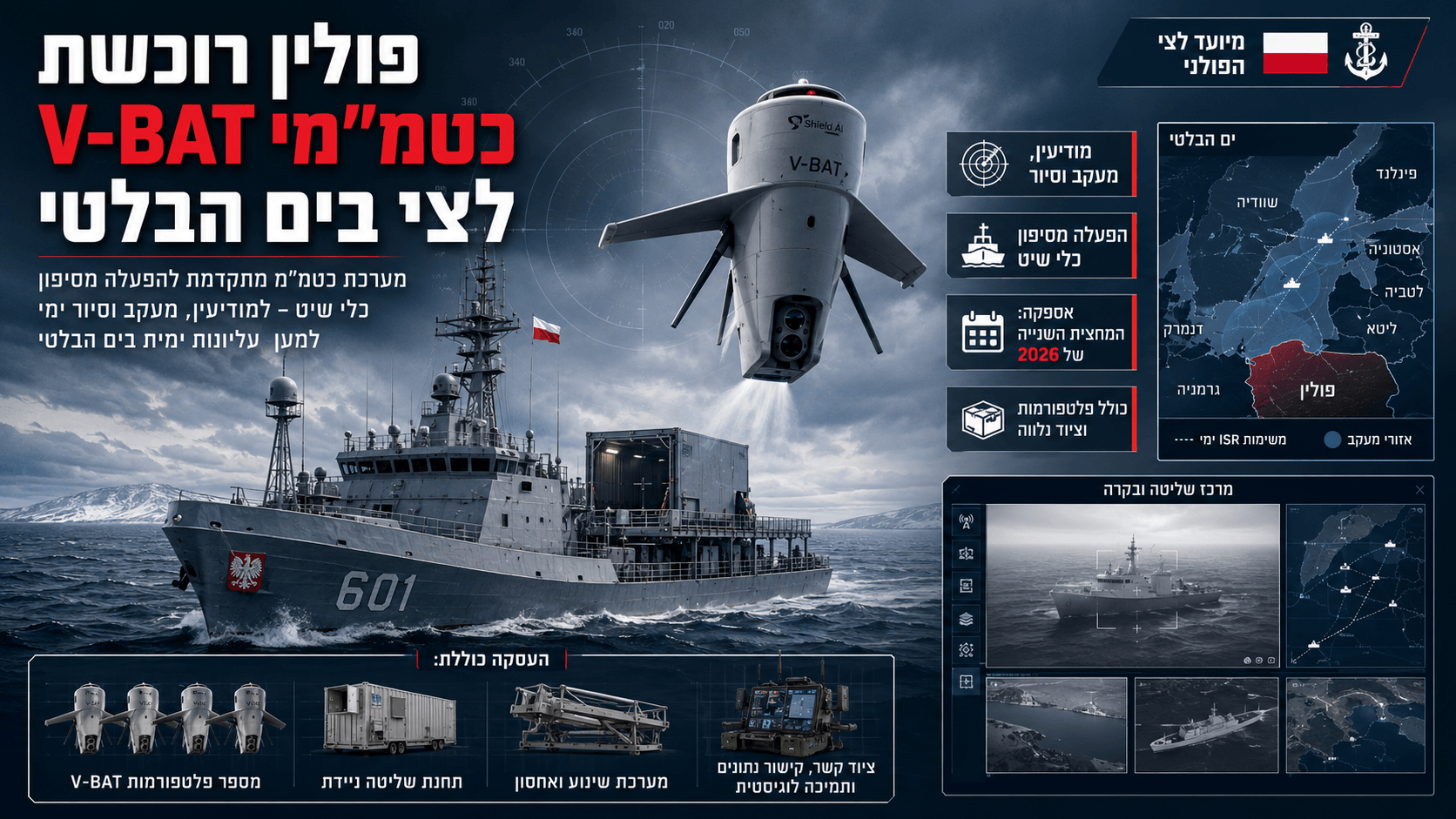 אינפוגרפיקה חדשותית המציגה את הצי הפולני רוכש כטמ״מי V-BAT מתוצרת Shield AI, עם כלי שיט צבאי בים הבלטי, כטמ״ם ממריא אנכית מסיפון הספינה, מפת האזור, סמלי מודיעין, מעקב וסיור וציוד שליטה ותמיכה לוגיסטית.