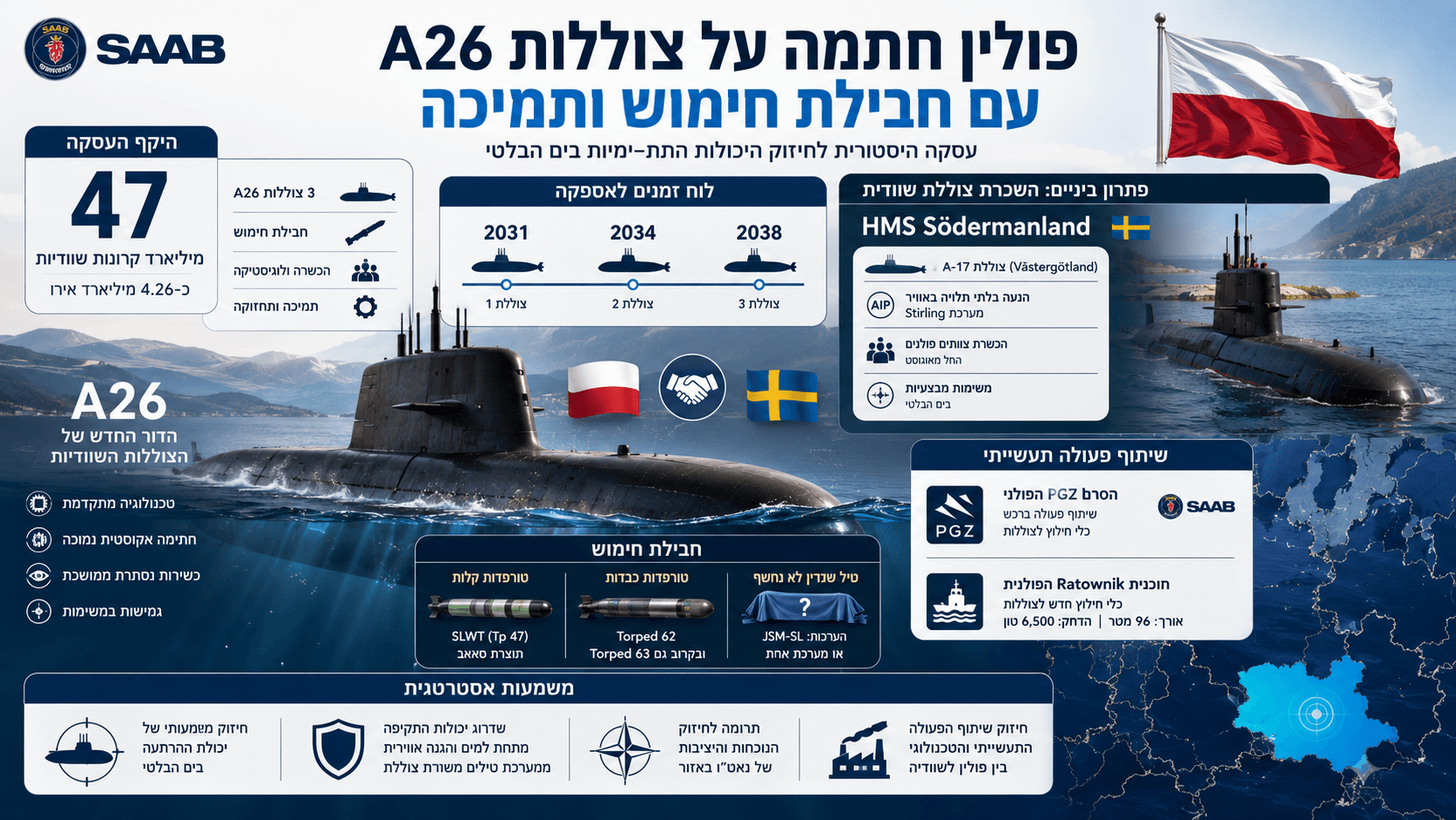 תמונה חדשותית מעוצבת המציגה צוללות A26 מתוצרת סאאב בים הבלטי, דגלי פולין ושוודיה, לוח אספקה לשנים 2031–2038, חבילת טורפדות ושיתוף פעולה תעשייתי בין המדינות.
