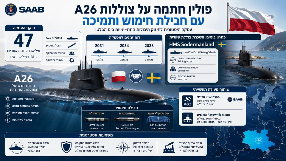 תמונה חדשותית מעוצבת המציגה צוללות A26 מתוצרת סאאב בים הבלטי, דגלי פולין ושוודיה, לוח אספקה לשנים 2031–2038, חבילת טורפדות ושיתוף פעולה תעשייתי בין המדינות.