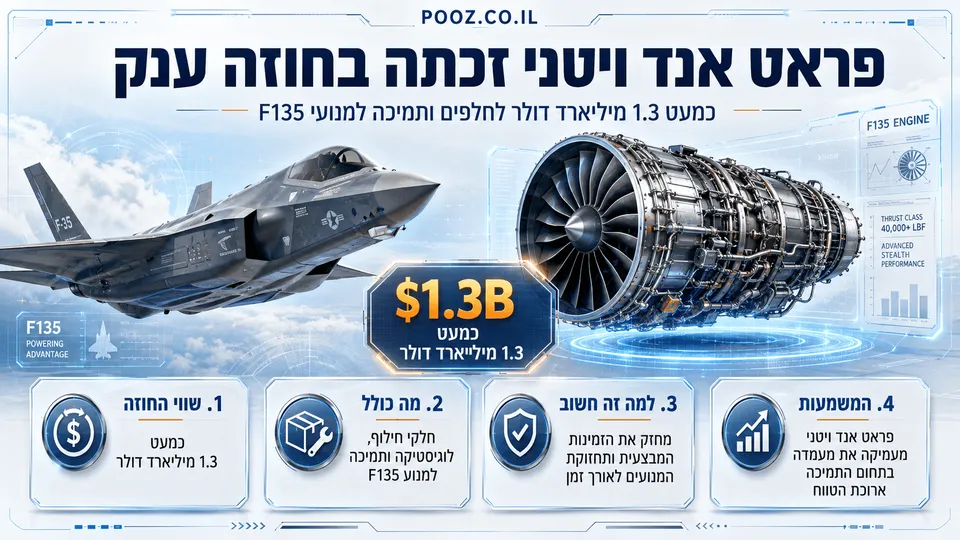 מטוס קרב F-35 לצד מנוע F135 חשוף, עם נתון חוזה של 1.3 מיליארד דולר. התמונה מדגישה אספקת חלקי חילוף, תמיכה לוגיסטית ותחזוקה ארוכת טווח למנועי המטוסים.