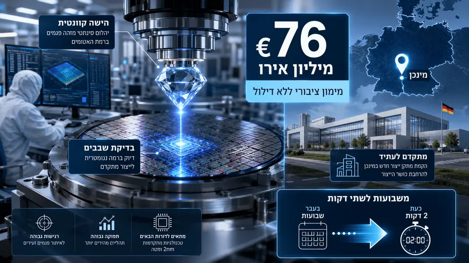 אינפוגרפיקה המציגה בדיקת שבבים באמצעות יהלום סינתטי וחישה קוונטית, מימון של 76 מיליון אירו, מפעל חדש במינכן וקיצור איתור פגמים לשתי דקות.