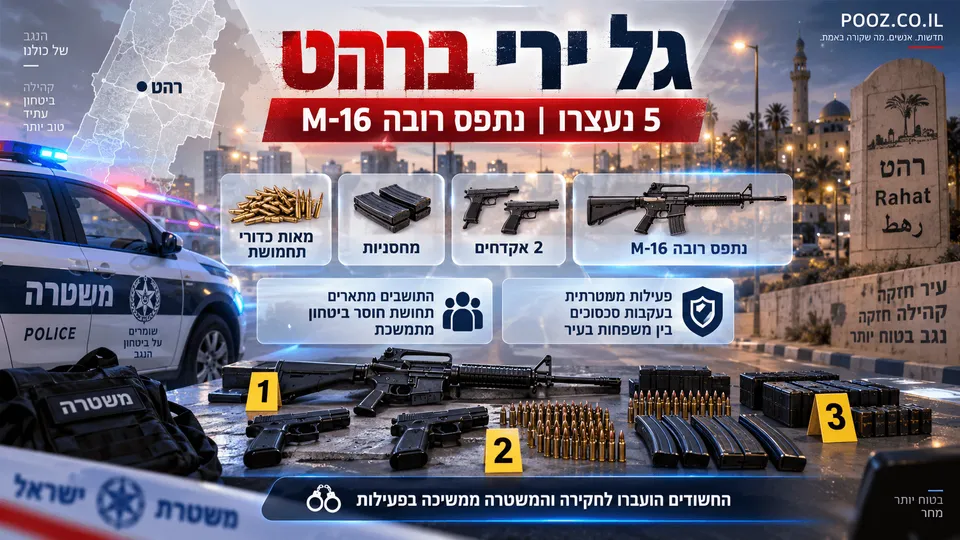 אינפוגרפיקה חדשותית בעברית על גל ירי ברהט, עם ניידת משטרה, רקע עירוני, מפה של מיקום רהט ותצוגה של אמצעי לחימה שנתפסו — רובה M-16, שני אקדחים, מחסניות ומאות כדורי תחמושת.