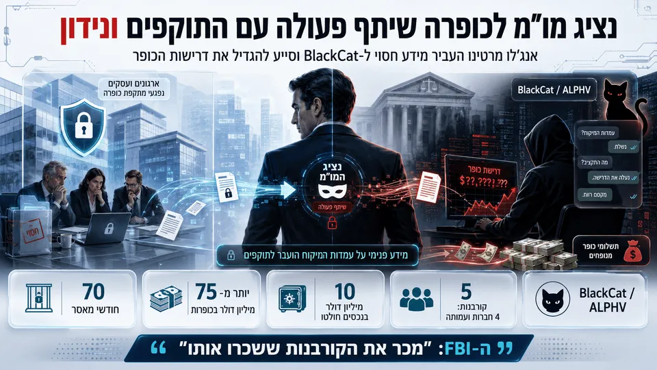 המחשה חדשותית של נציג מו״מ לכופרה המעביר מידע חסוי לקבוצת BlackCat, לצד קורבנות, תשלומי כופר ובית משפט.