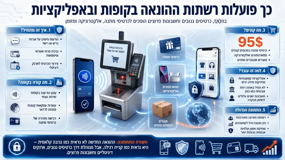 קופת שירות עצמי, תשלום ללא מגע, כרטיסי מתנה ואפליקציות קניות בהמחשת רשתות הונאה קמעונאיות.