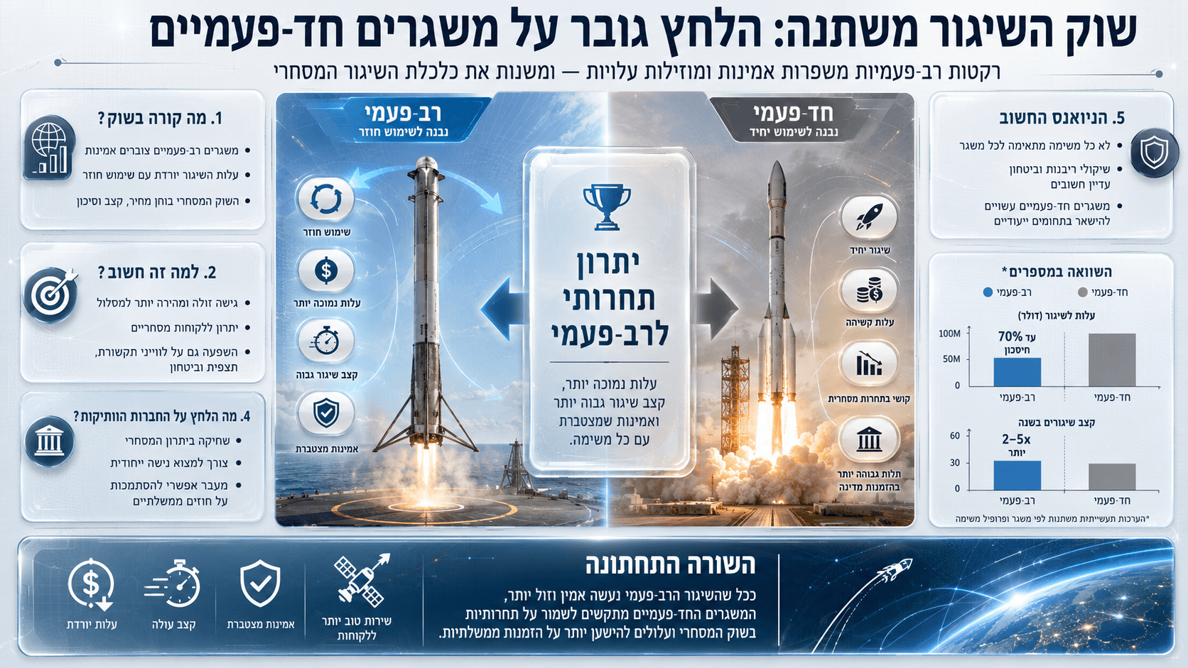 השוואה בין רקטה רב־פעמית הנוחתת לשימוש חוזר לבין משגר חד־פעמי, על רקע השינוי בשוק השיגור לחלל.
