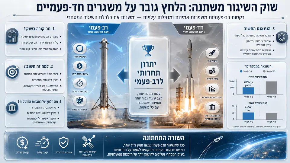 השוואה בין רקטה רב־פעמית הנוחתת לשימוש חוזר לבין משגר חד־פעמי, על רקע השינוי בשוק השיגור לחלל.