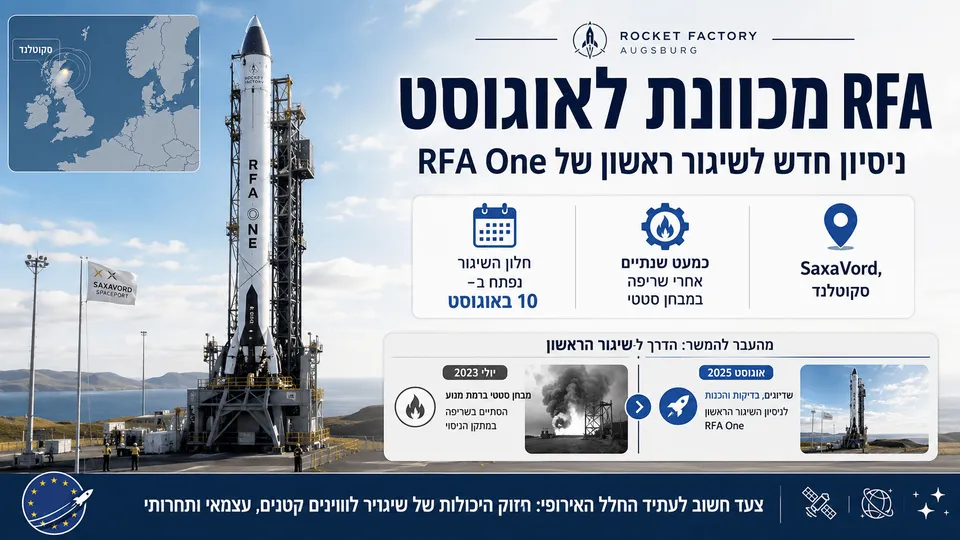משגר RFA One של חברת Rocket Factory Augsburg מוצב על כן השיגור בנמל החלל SaxaVord שבסקוטלנד. בתמונה מוצגים חלון השיגור המתוכנן ל־10 באוגוסט, מפת מיקום האתר וציר זמן המתאר את החזרה לניסיון שיגור לאחר השריפה שאירעה במבחן הסטטי הקודם.