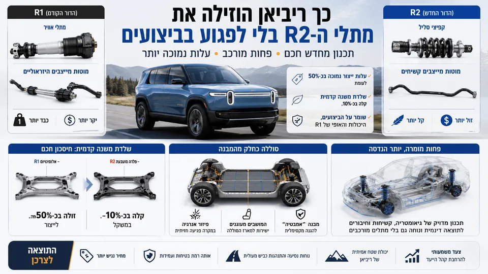 ריביאן R2 חשמלית מוצגת לצד השוואה הנדסית למתלי ה-R1, עם קפיצי סליל, מוטות מייצבים, שלדת משנה קדמית ומארז סוללה מבני, המדגישים חיסכון בעלויות ובמשקל ללא פגיעה בביצועים.