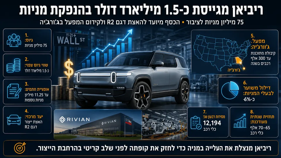 אינפוגרפיקה המציגה רכב חשמלי של Rivian, גיוס הון בוול סטריט, גרף צמיחה, מפעל בג׳ורג׳יה ונתונים על הנפקת מניות ודילול בעלי מניות.