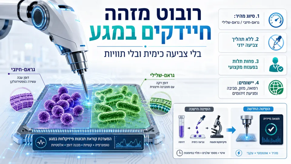 זרוע רובוטית מזהה חיידקים במגע ומבדילה בין גראם־חיובי לגראם־שלילי ללא צביעה כימית.