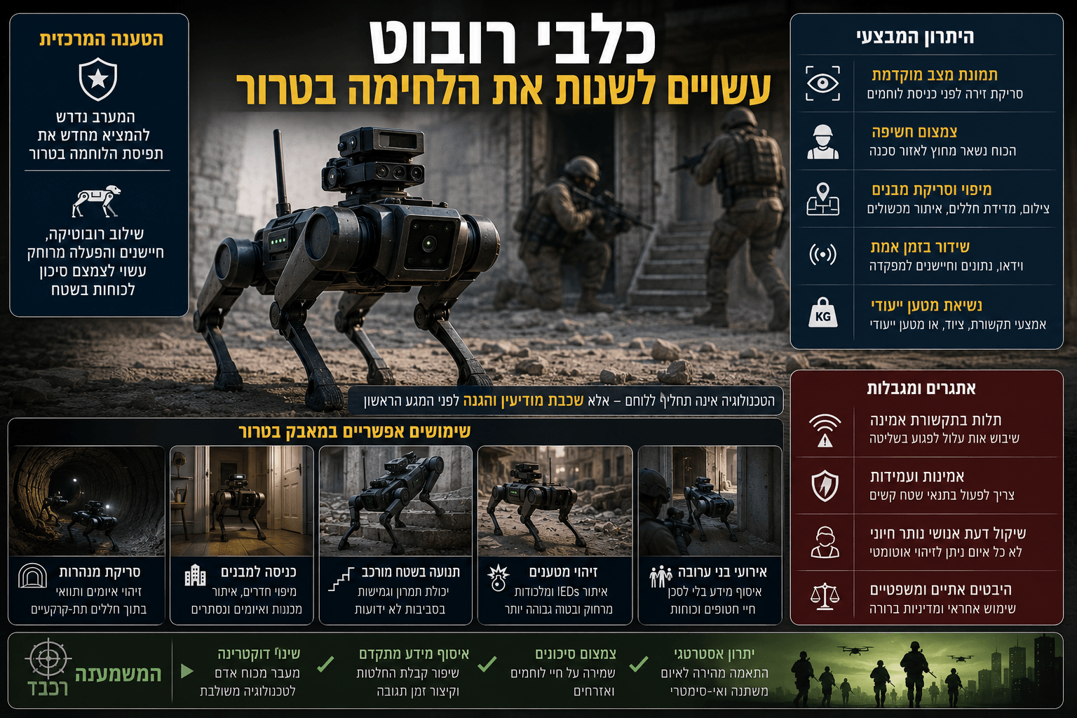 תמונה חדשותית־ביטחונית המציגה כלב רובוט מתקדם בזירת לחימה עירונית, לצד לוחמים ברקע, חיישנים, מצלמות ושכבות מידע בעברית על שימוש ברובוטיקה לצמצום סיכון לכוחות, סריקת מבנים, מנהרות ואזורים ממולכדים לפני כניסת לוחמים.