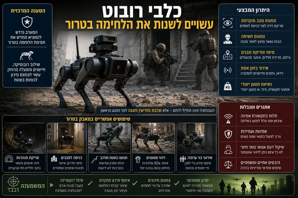 תמונה חדשותית־ביטחונית המציגה כלב רובוט מתקדם בזירת לחימה עירונית, לצד לוחמים ברקע, חיישנים, מצלמות ושכבות מידע בעברית על שימוש ברובוטיקה לצמצום סיכון לכוחות, סריקת מבנים, מנהרות ואזורים ממולכדים לפני כניסת לוחמים.