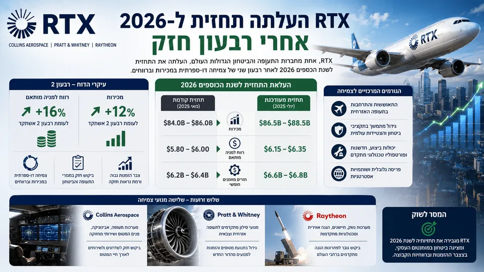 תמונה חדשותית מעוצבת המציגה מטוס מסחרי, מנוע סילון, מערכת הגנה וגרף צמיחה, לצד נתונים על העלאת תחזית RTX לשנת 2026 והביצועים החזקים של Collins Aerospace, Pratt & Whitney ו-Raytheon.