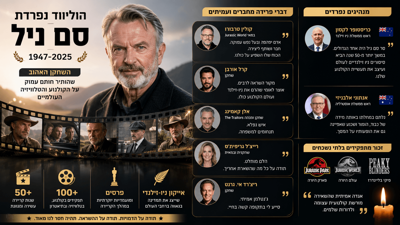תמונת הנצחה לשחקן סם ניל, כוכב ״פארק היורה״, לצד מחוות מעמיתים וממנהיגי ניו זילנד ואוסטרליה.