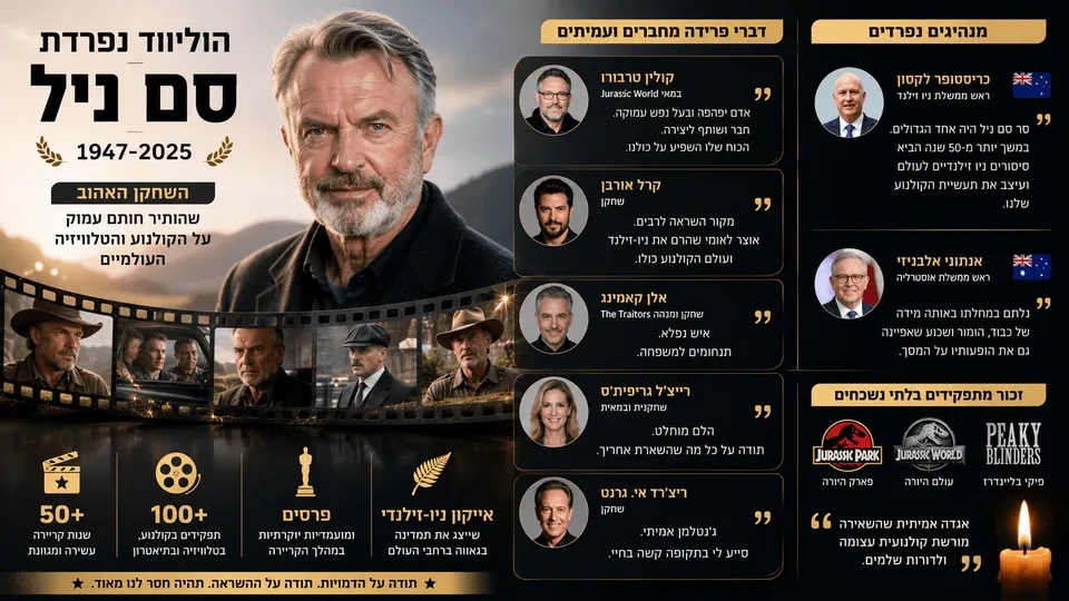 תמונת הנצחה לשחקן סם ניל, כוכב ״פארק היורה״, לצד מחוות מעמיתים וממנהיגי ניו זילנד ואוסטרליה.