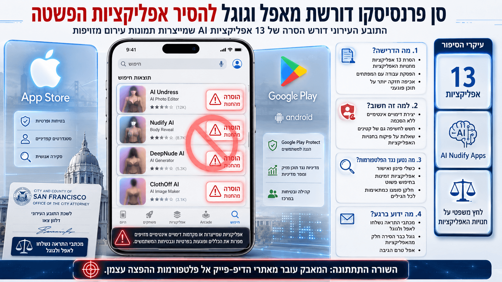חנויות App Store ו-Google Play לצד דרישה להסרת 13 אפליקציות AI ליצירת תמונות עירום מזויפות.