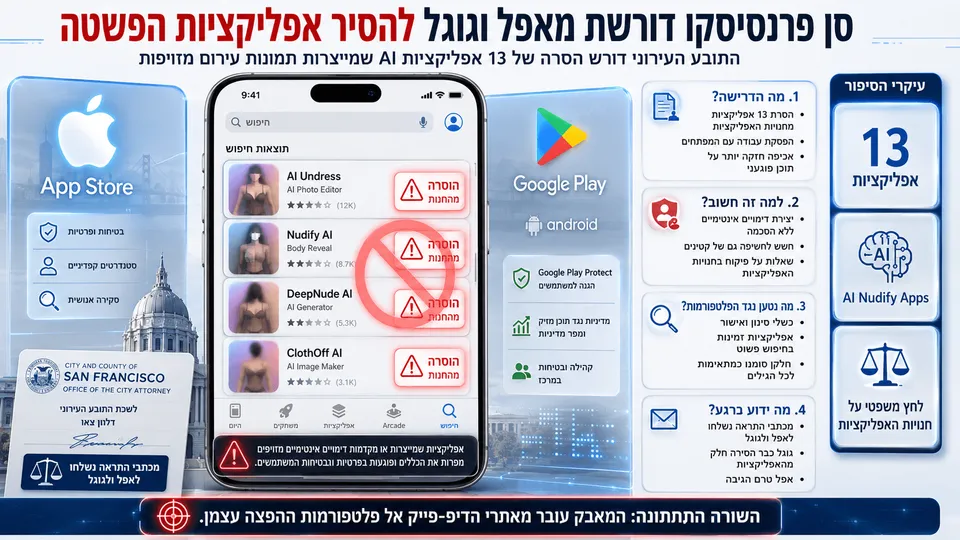 חנויות App Store ו-Google Play לצד דרישה להסרת 13 אפליקציות AI ליצירת תמונות עירום מזויפות.
