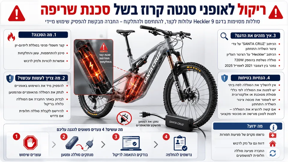 אינפוגרפיקה בעברית על ריקול לאופני Santa Cruz Heckler 9 עקב סכנת קצר ושריפה בסוללת ליתיום-יון נשלפת.