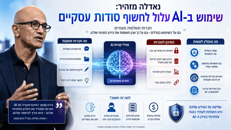 תמונה עבור הכתבה: נאדלה מזהיר: שימוש ב-AI עלול לחשוף סודות עסקיים