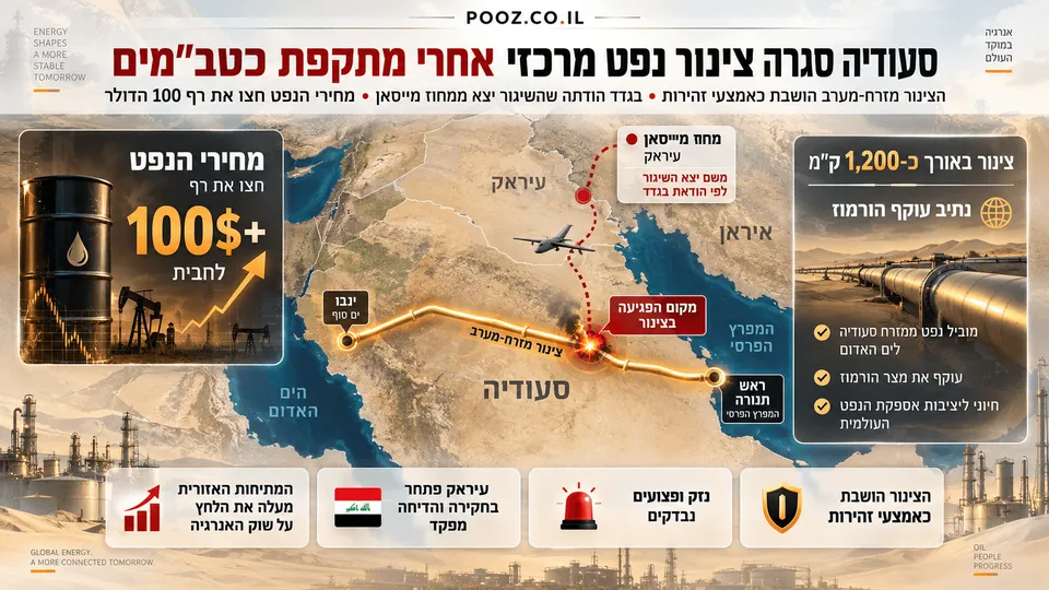 צינור הנפט הסעודי לצד מוקד פגיעת כטב״מים ומפת האזור.