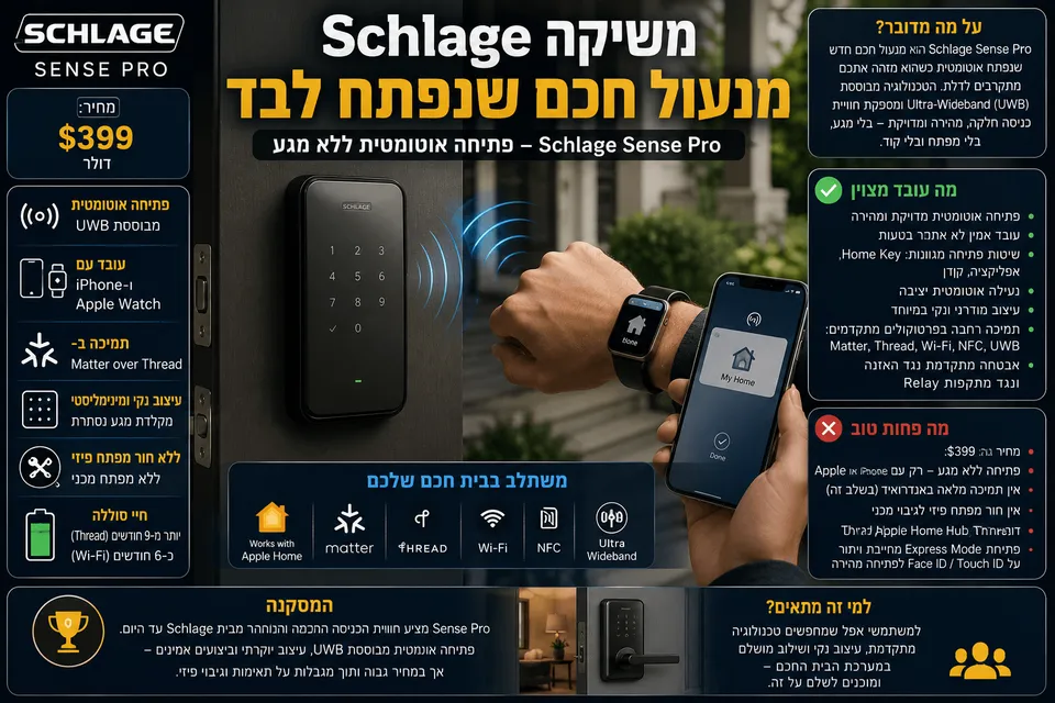 תמונה טכנולוגית־צרכנית המציגה את מנעול Schlage Sense Pro על דלת כניסה מודרנית, לצד iPhone ו־Apple Watch המדגימים פתיחה אוטומטית ללא מגע באמצעות UWB, עם שכבות מידע בעברית על מחיר 399 דולר, תמיכה ב־Matter over Thread, Apple Home Key, NFC ו-Wi-Fi, וכן מגבלות כמו היעדר חור מפתח פיזי ותאימות ראשונית למכשירי Apple בלבד.