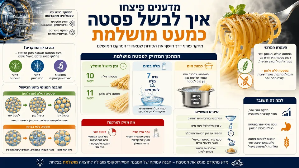 ספגטי בסיר לצד ממצאי מחקר על זמן הבישול, כמות המלח והבדלי המרקם בין פסטה רגילה וללא גלוטן.