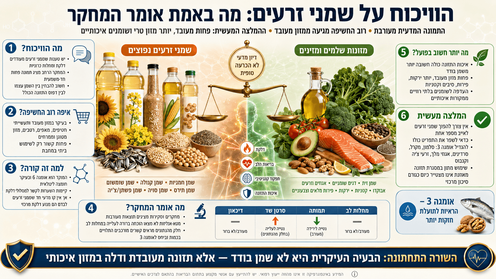 שמני זרעים לצד ירקות, דגים ואגוזים בהמחשת הוויכוח המדעי על דלקת ובריאות.