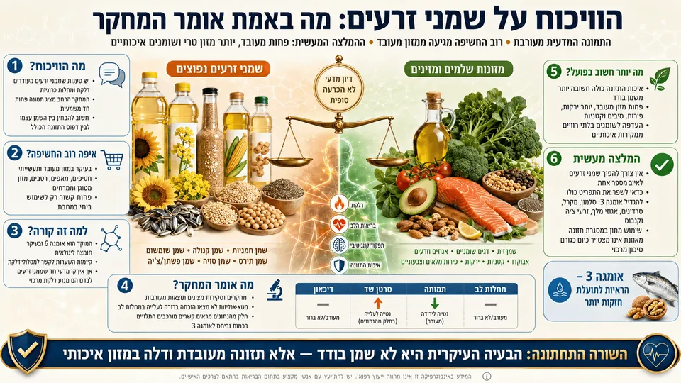 שמני זרעים לצד ירקות, דגים ואגוזים בהמחשת הוויכוח המדעי על דלקת ובריאות.