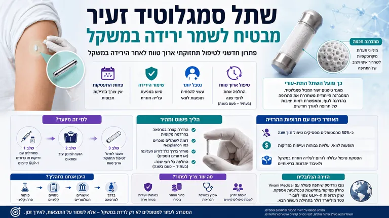 תמונה עבור הכתבה: שתל סמגלוטיד זעיר מבטיח לשמר ירידה במשקל
