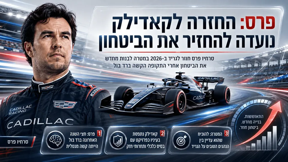 סרחיו פרס במדי קאדילק לצד מכונית פורמולה 1, עם המחשה של החזרה לגריד ובניית הביטחון מחדש אחרי התקופה ברד בול.
