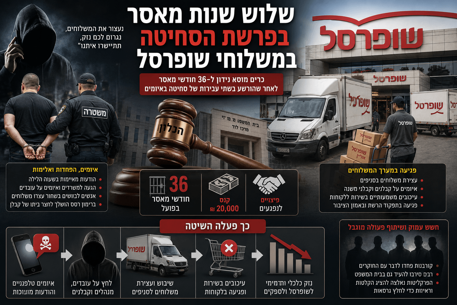 המחשה חדשותית של פרשת הסחיטה במערך המשלוחים של שופרסל, ובה רכב משלוחים, עובדים, מעצר ופטיש שופט. בתמונה מודגשים עונש של 36 חודשי מאסר, קנס ופיצויים, לצד איומים שגרמו להשבתת משלוחים, לעיכובים בסניפים ולפחד בקרב עובדים וקבלנים.
