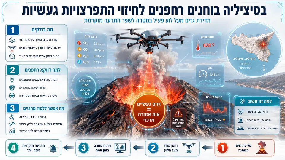 רחפן מודד גזים מעל לוע הר געש פעיל בסיציליה לצורך ניטור וחיזוי מוקדם של התפרצויות געשיות.