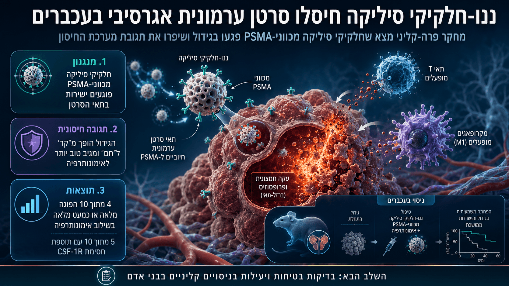 איור רפואי המציג ננו־חלקיקי סיליקה שמכוונים לתאי סרטן ערמונית אגרסיבי, לצד הדמיית גידול, תאי מערכת חיסון וניסוי פרה־קליני בעכברים.