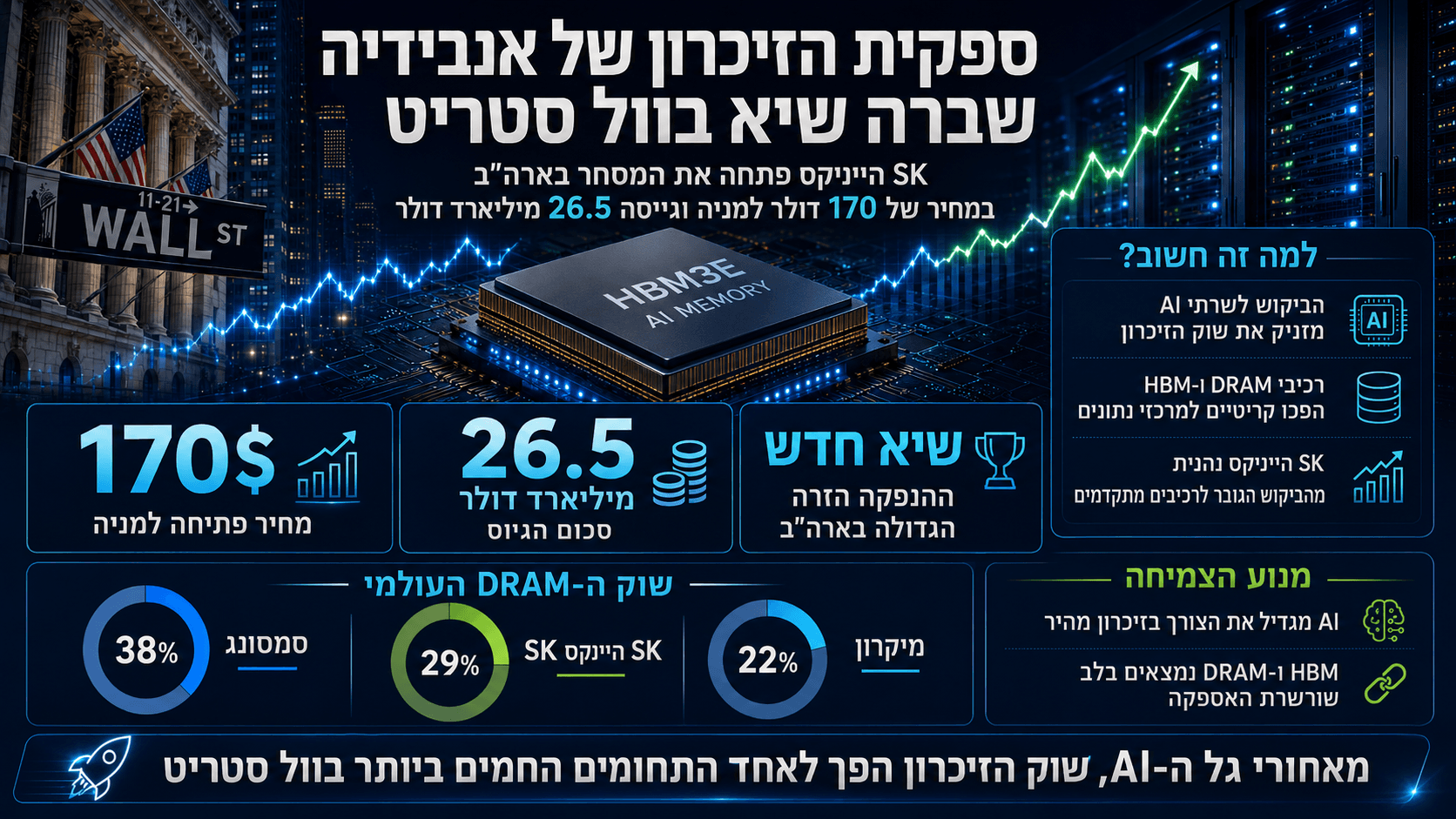 שבב זיכרון HBM במרכז גרף עולה, לצד וול סטריט, שרתי AI ונתוני ההנפקה של SK הייניקס.