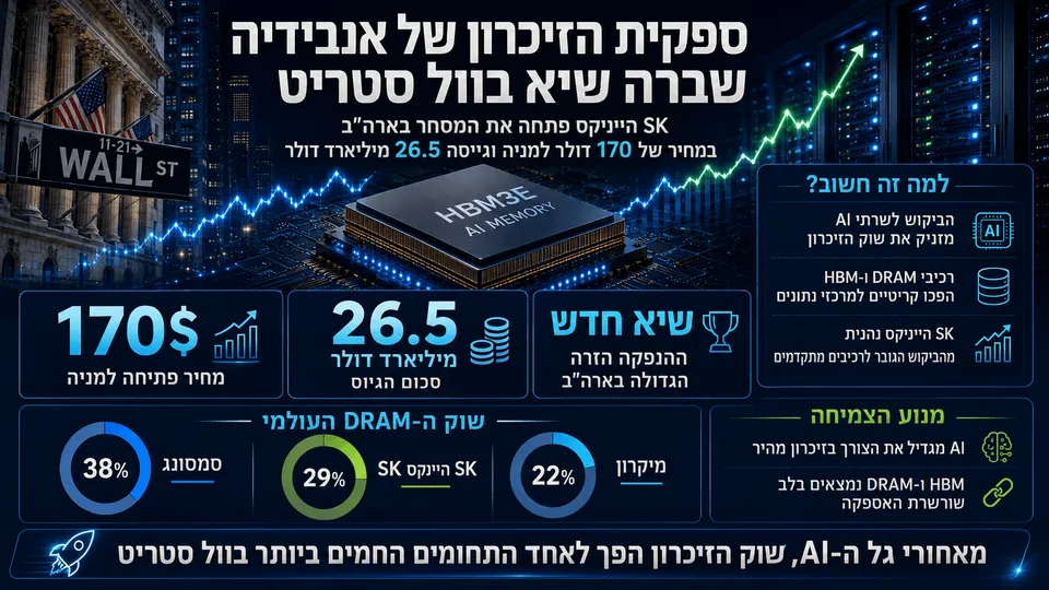 שבב זיכרון HBM במרכז גרף עולה, לצד וול סטריט, שרתי AI ונתוני ההנפקה של SK הייניקס.