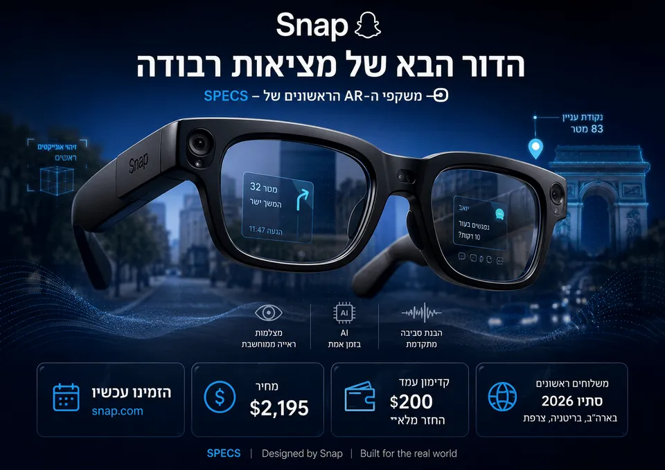 משקפי Snap SPECS למציאות רבודה עם תצוגת AR בעדשות, מחיר הזמנה מוקדמת, מקדמה ומועד משלוחים בסתיו 2026.