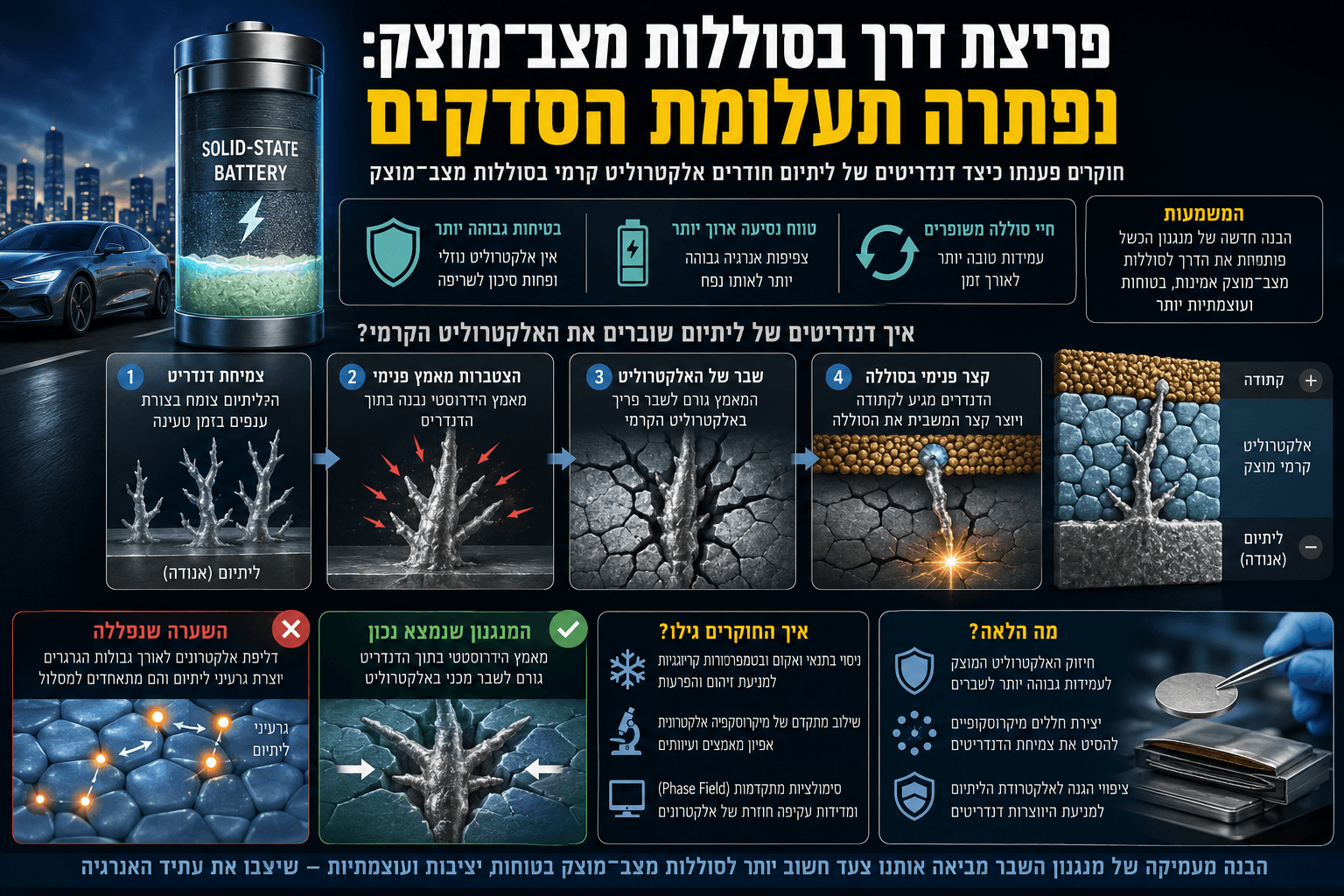 המחשה מדעית של סוללת מצב־מוצק, המציגה דנדריטים של ליתיום הצומחים בתוך אלקטרוליט קרמי ויוצרים מאמץ מכני, סדקים וקצר פנימי. לצד התרשים מופיעים רכב חשמלי, חתכי חומר מיקרוסקופיים והסבר חזותי על המנגנון החדש שפוענח ועל כיווני הפיתוח האפשריים לסוללות בטוחות ועמידות יותר.