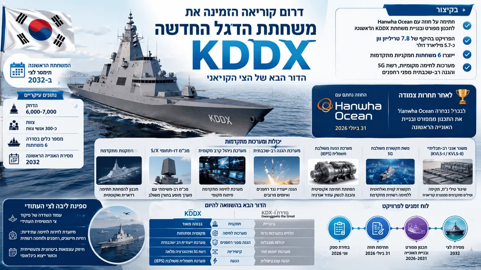 משחתת KDDX החמקנית של דרום קוריאה מפליגה לצד דגל המדינה, עם נתונים על שש ספינות מתוכננות, הדחק של 6,000–7,000 טונות ומסירה ראשונה ב־2032. סביב כלי השיט מודגשות מערכות מכ"ם מתקדמות, משגרי טילים אנכיים, רשת תקשורת 5G, הנעה חשמלית והגנה רב־שכבתית מפני רחפנים.