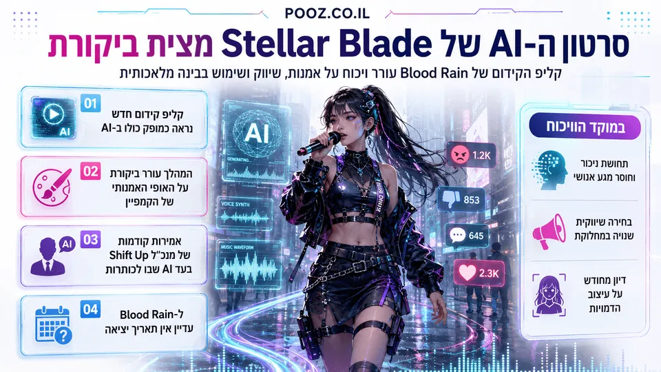 דמות בסגנון סייברפאנק שרה ברחוב עתידני מואר בניאון, לצד ממשקי יצירת AI, גלי קול ותגובות שליליות ברשת, בהקשר לביקורת על סרטון הקידום של Stellar Blade: Blood Rain.