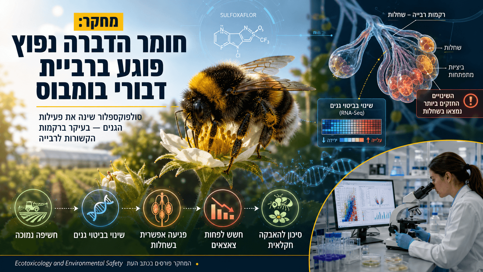 המחשה מדעית של דבורת בומבוס על פרח בשטח חקלאי, לצד מבנה חומר ההדברה סולפוקספלור, בדיקת ביטוי גנים והדמיה של רקמת השחלות. התמונה מציגה את הקשר האפשרי בין חשיפה במינון נמוך, שינויים בפעילות הגנים, פגיעה ברבייה וירידה עתידית בהאבקת גידולים.