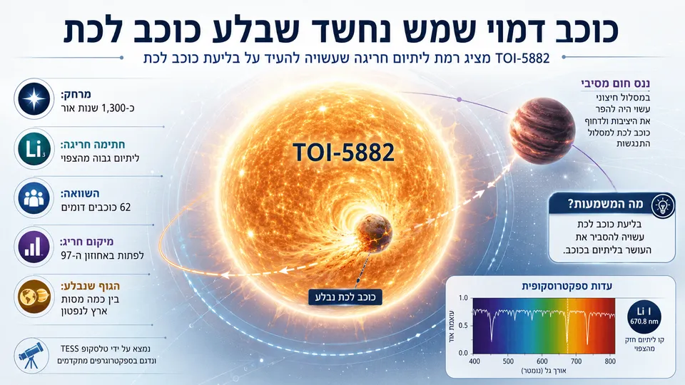 כוכב הלכת נמשך אל TOI-5882, כוכב דמוי שמש שבו התגלתה רמת ליתיום חריגה.