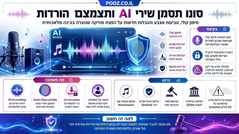 אינפוגרפיקה בעברית המציגה פלטפורמת מוזיקה מבוססת AI עם גלי קול דיגיטליים, תווי מוזיקה, סימון שירים ואלמנטים של אבטחה ובקרה. התמונה מדגישה את הצעדים של Suno לסימון שירים שנוצרו בבינה מלאכותית, הגבלת הורדות והקשחת הכללים נגד התחזות וחיקוי קולות.