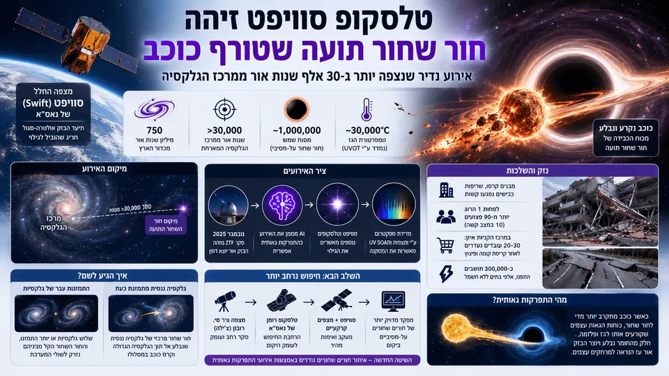 אינפוגרפיקה אסטרונומית המציגה חור שחור על־מסיבי תועה הקורע כוכב בשולי גלקסיה רחוקה, לצד טלסקופ סוויפט של נאס״א, נתוני מרחק, טמפרטורה ומסת החור השחור, והסבר על אירוע התפרקות גאותית.