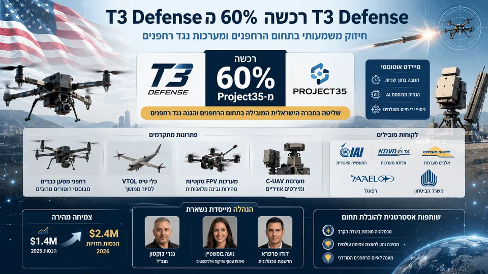 רחפנים ומערכות יירוט נגד רחפנים לצד סמלי T3 Defense ו-Project35 והמחשת רכישת 60% מהחברה.