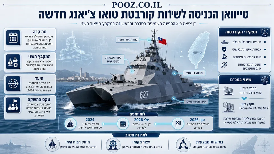 המחשה חדשותית של הקורבטה הדו-גופית דן צ'יאנג (PGG-627) משייטת בים לצד מפת טייוואן, עם סימונים גרפיים על מבנה הספינה, תפקידי הקורבטה, השינוי במכ״ם ויעד השלמת סדרת טואו צ׳יאנג עד סוף 2026.