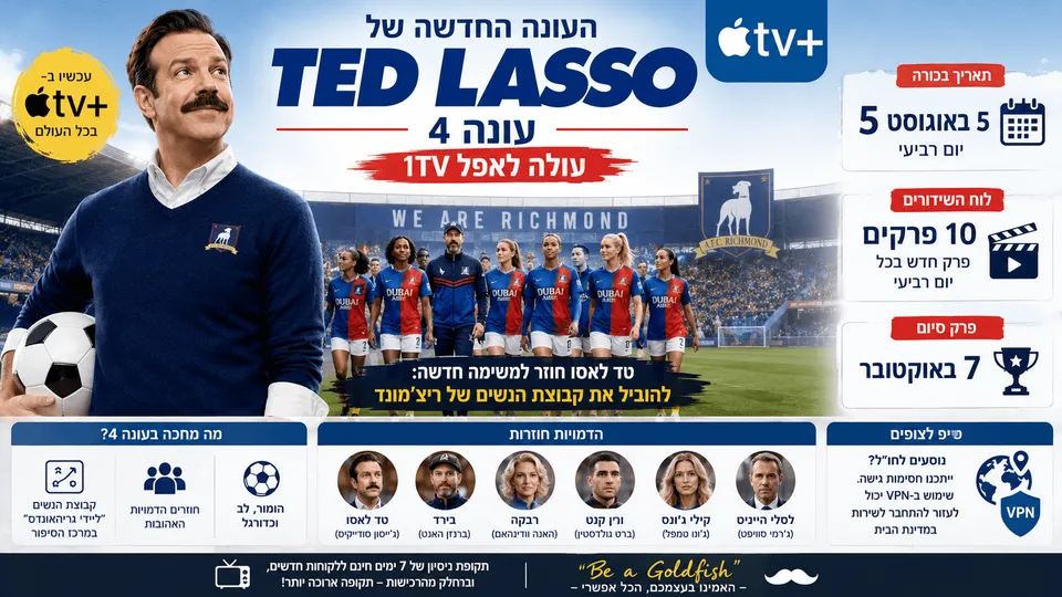 טד לאסו ניצב במגרש הכדורגל לצד קבוצת הנשים של ריצ׳מונד, עם פרטי העונה הרביעית באפל TV, תאריך הבכורה ב־5 באוגוסט ולוח שידורים שבועי הכולל 10 פרקים.