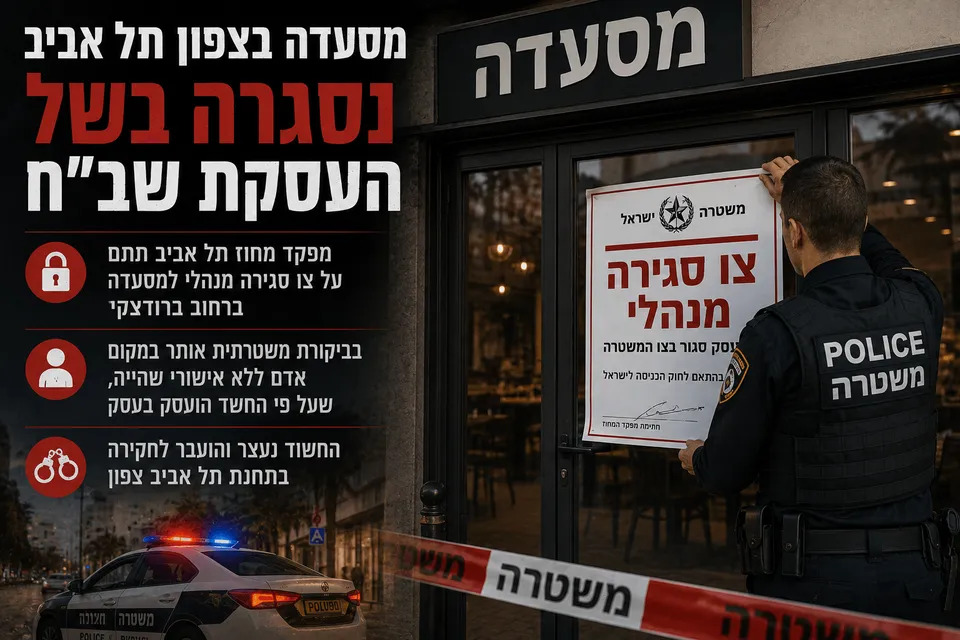 שוטר מציב צו סגירה מנהלי על דלת מסעדה בתל אביב במסגרת אכיפה נגד העסקת שוהה בלתי חוקי.