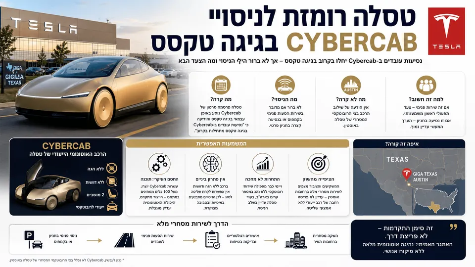 Tesla Cybercab מוזהבת נוסעת באופן אוטונומי בשטח גיגה טקסס, כחלק מניסויי הסעת עובדים במתחם.