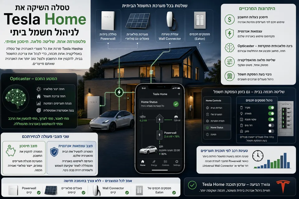 אינפוגרפיקה המציגה בית עם פאנלים סולאריים, Powerwall, עמדת טעינה לרכב חשמלי ואפליקציית Tesla Home לניהול צריכת חשמל ביתית.