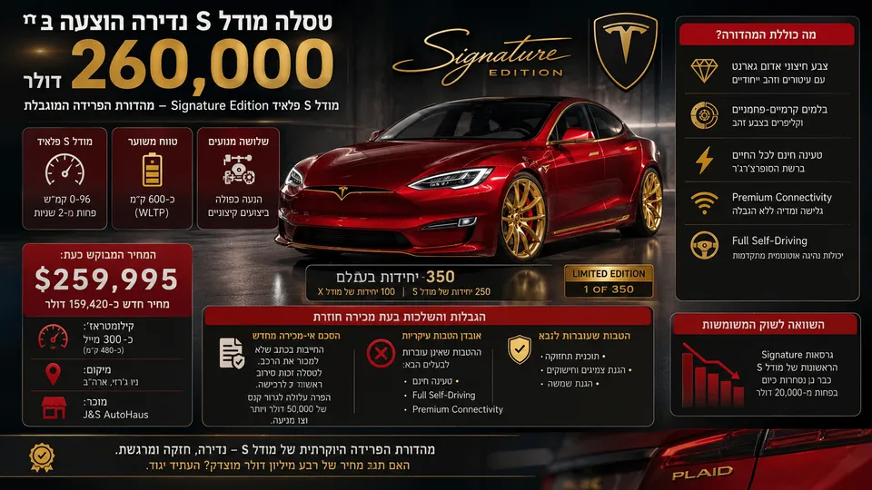 טסלה מודל S פלייד Signature Edition בצבע אדום עם עיטורי זהב, לצד מחיר מכירה חריג של כ־260 אלף דולר ונתוני המהדורה המוגבלת.